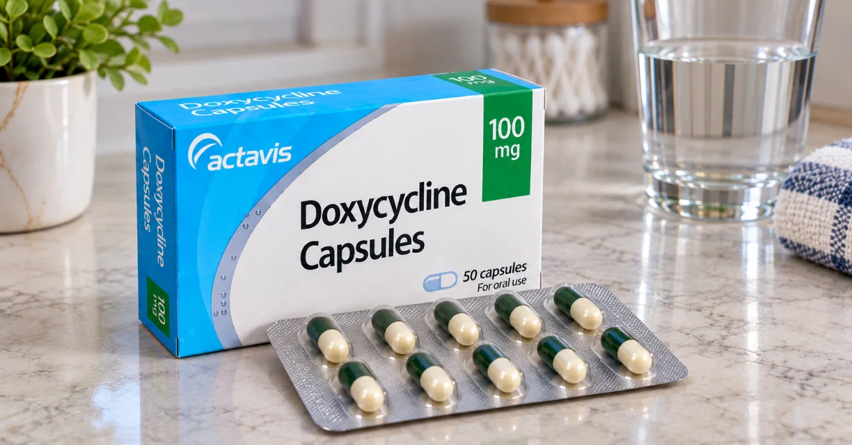 Doxycycline capsules and box for eye infection treatment
