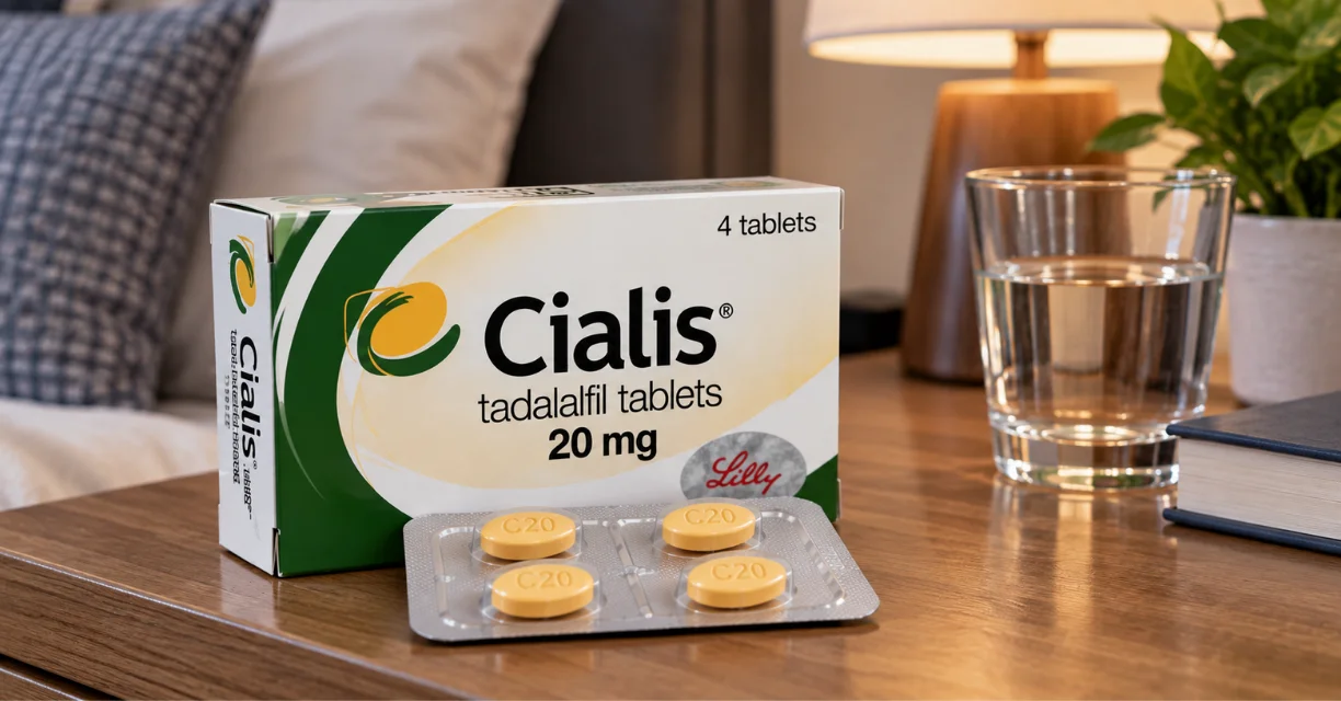 Cialis 20 mg tadalafil tablets and blister pack displayed on a countertop