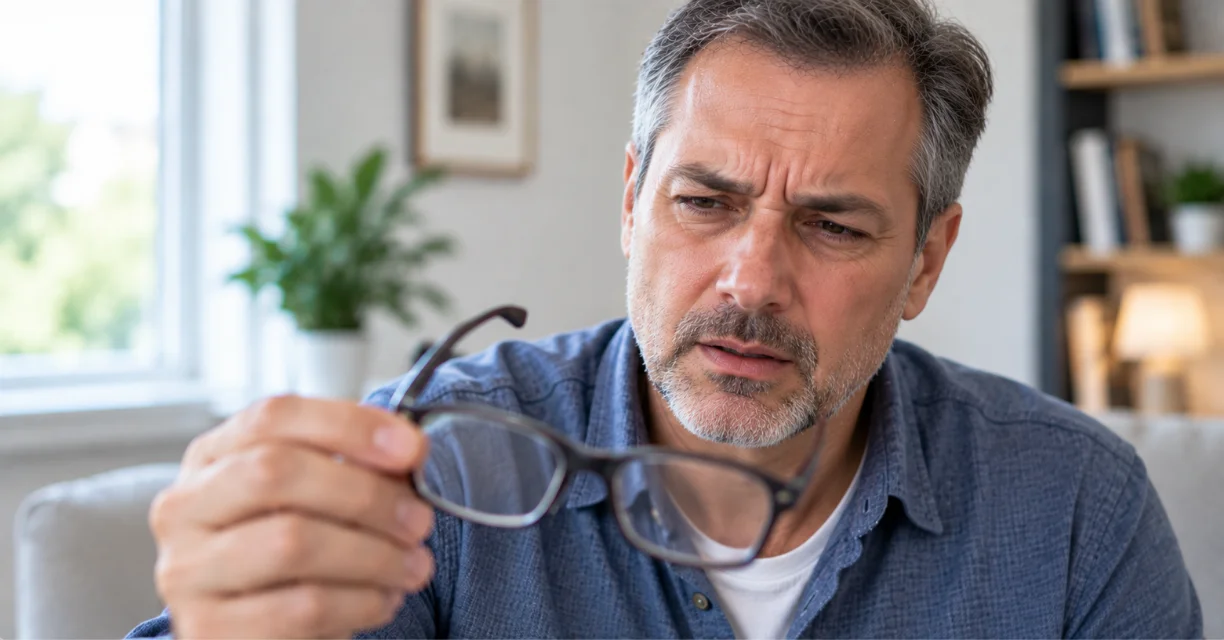 Man examining his glasses while experiencing blurred vision from uveitis
