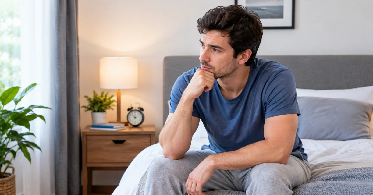 Man sitting on a bed while considering ejaculation frequency