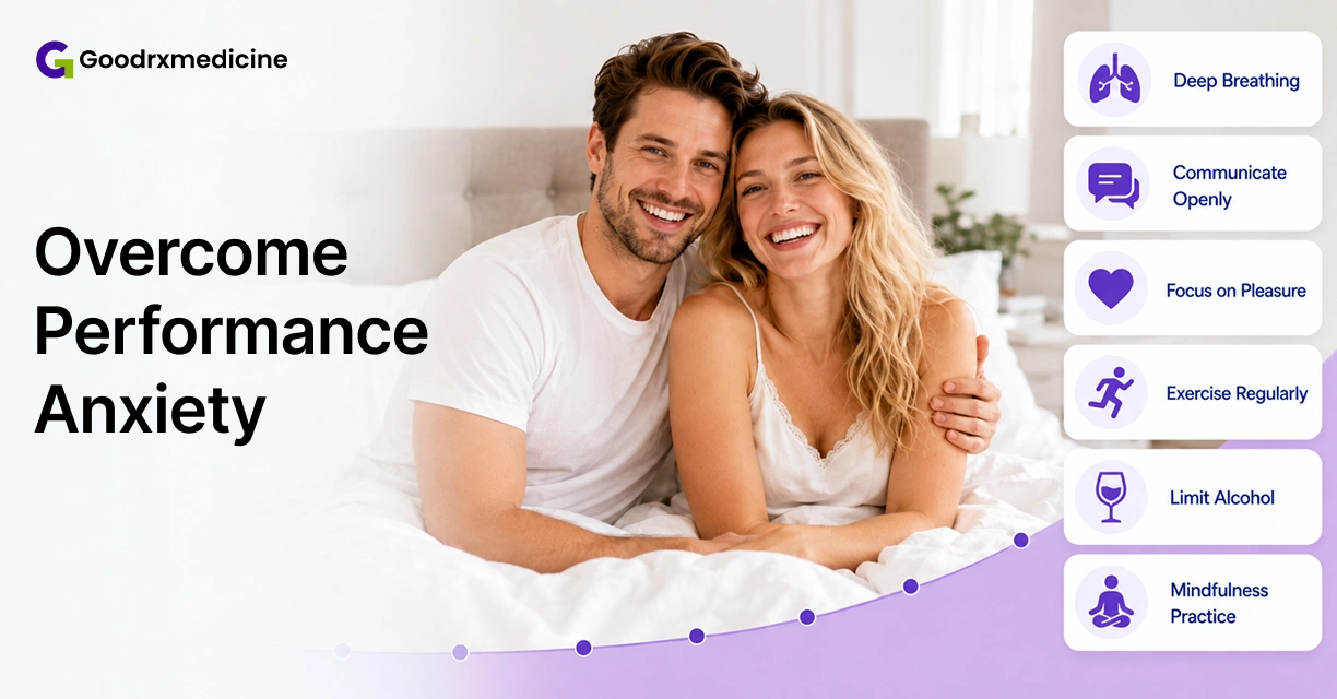 Smiling couple in bed beside tips for overcoming sexual performance anxiety