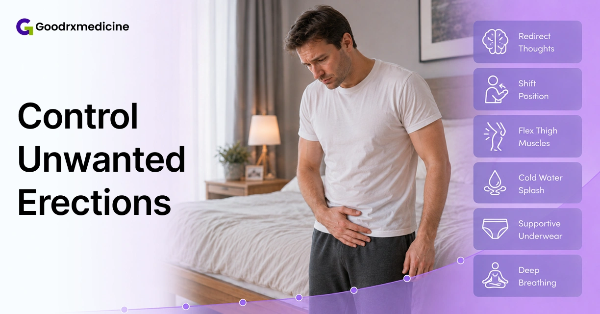 Man looking down at his groin with tips to control frequent unwanted erections