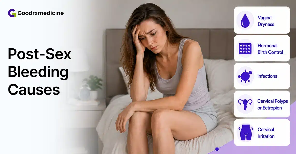Woman sitting on bed with discomfort from bleeding after sex