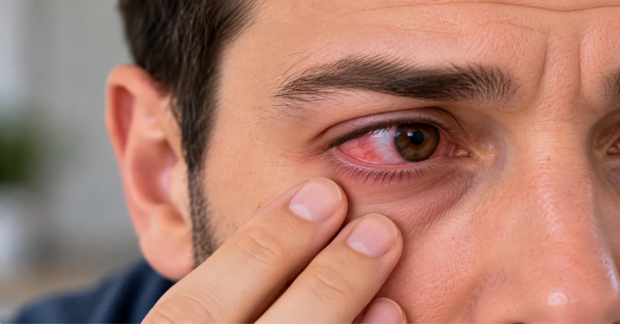 Close-up of a red and irritated eye illustrating pink eye