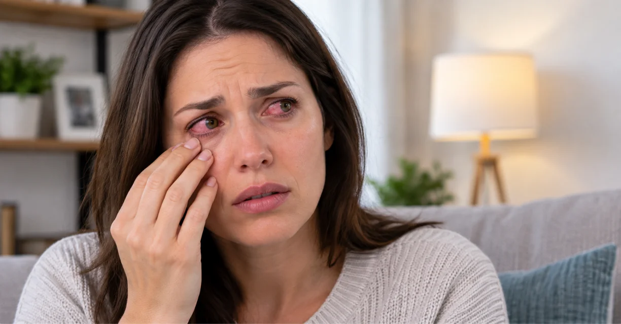 Woman touching her irritated eye while concerned about pink eye