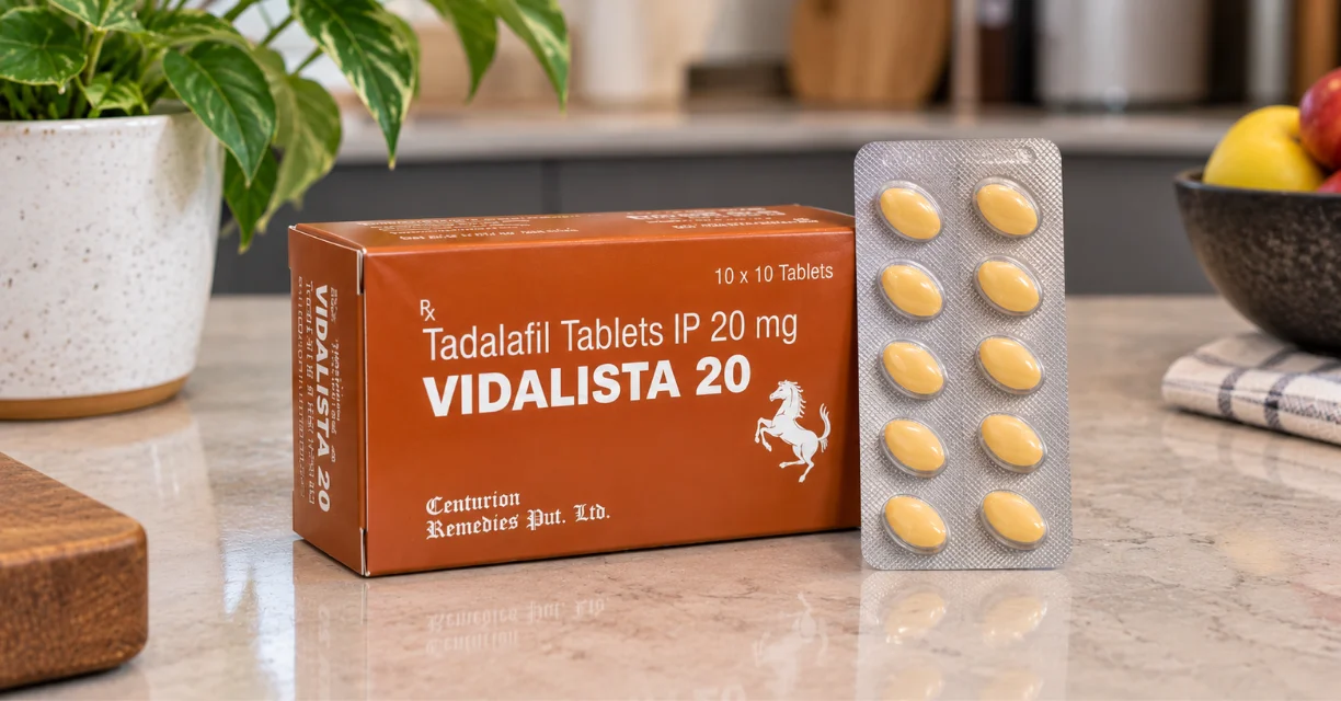 Vidalista 20 tadalafil tablets and blister pack displayed on a countertop