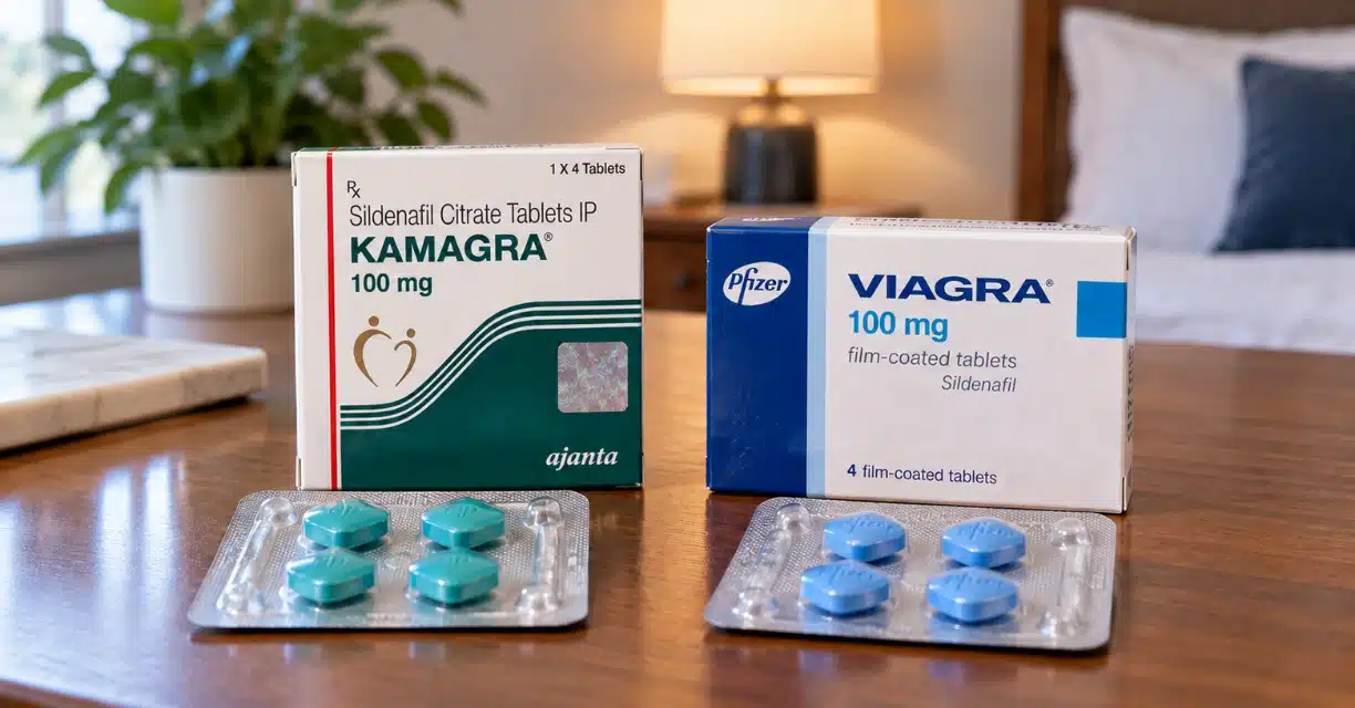 Kamagra 100 mg and Viagra 100 mg tablets shown together