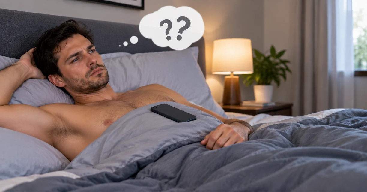 Man lying in bed thinking about masturbation