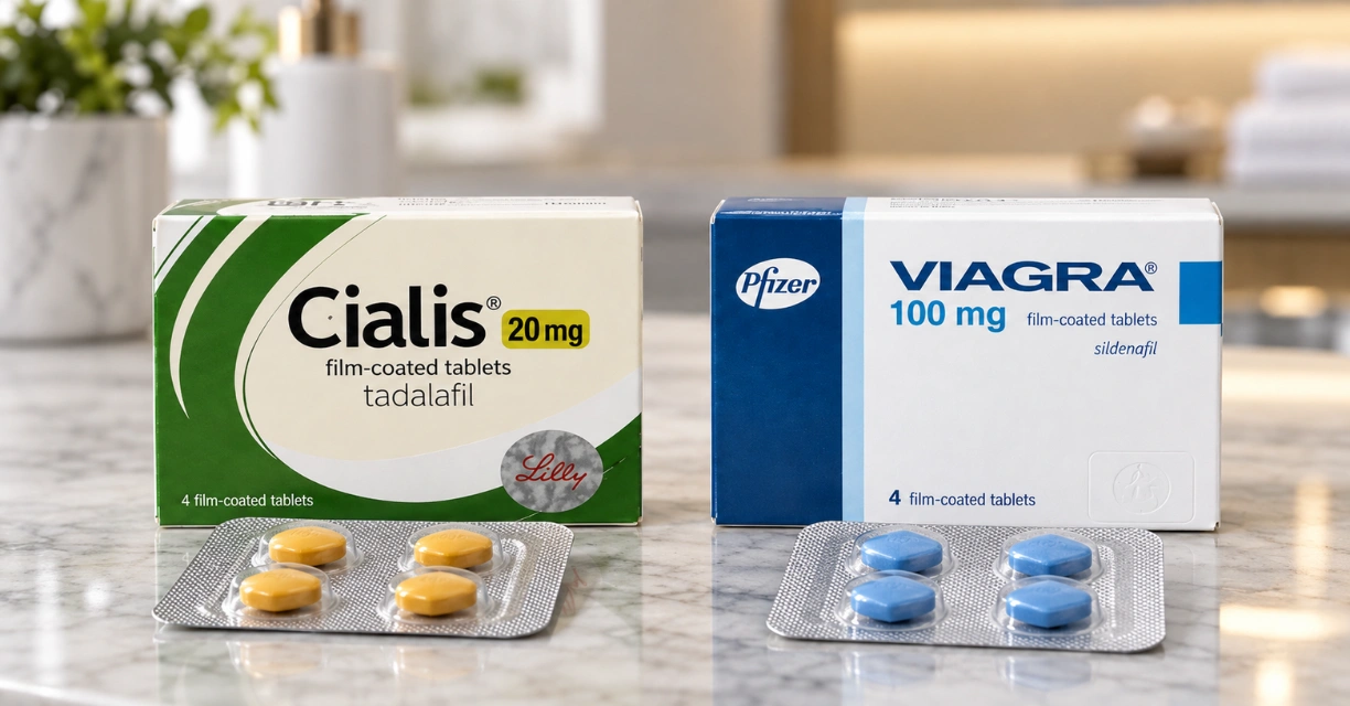 Cialis 20 mg and Viagra 100 mg medicine boxes for ED treatment