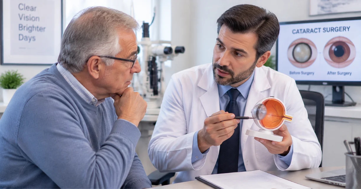 Eye doctor explaining cataract surgery and recurrence to an older man