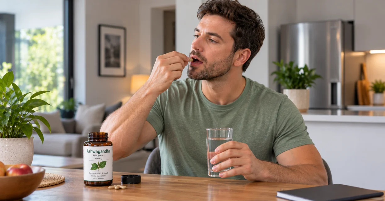 Man taking an ashwagandha supplement with water