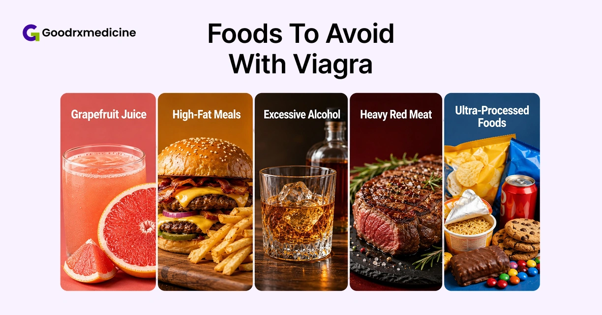 Grapefruit juice, high-fat meals, alcohol, red meat and processed foods to avoid with Viagra