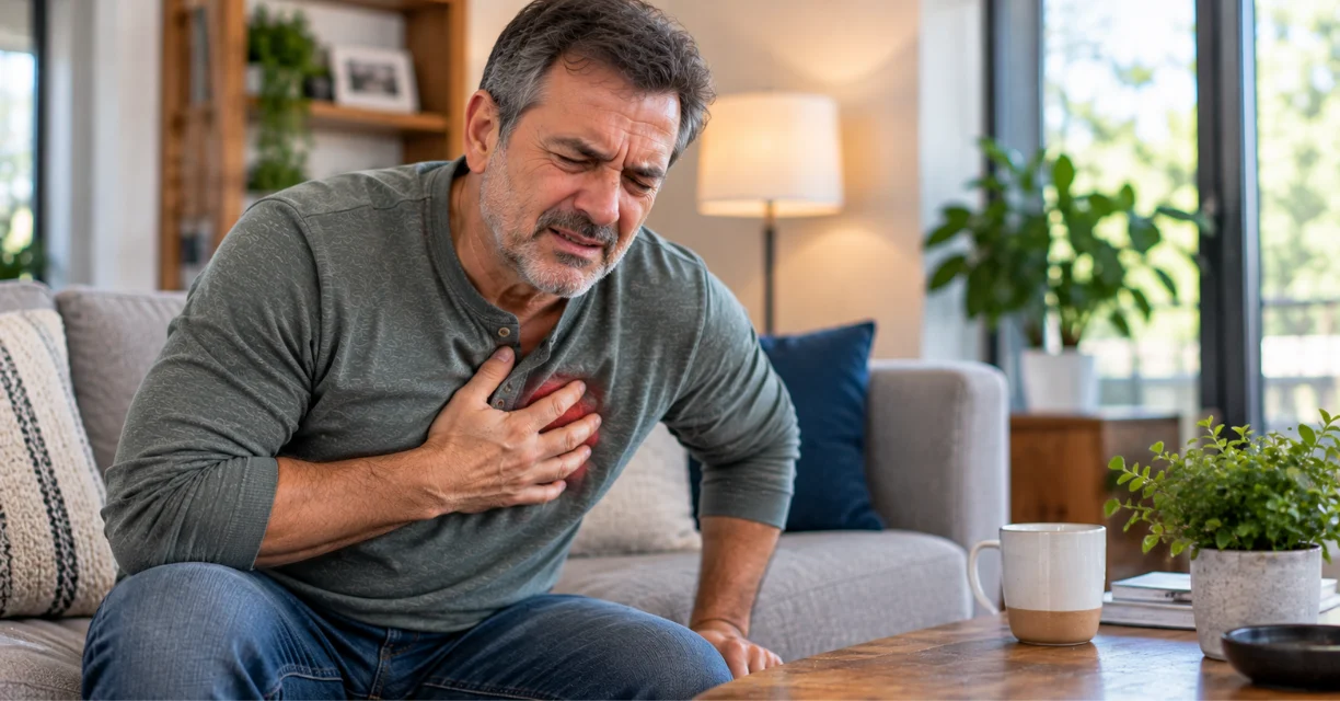 Man experiencing chest pain, illustrating common heart attack symptoms