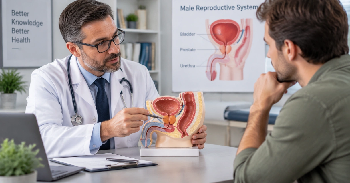 Doctor explaining prostate anatomy to a male patient using a prostate model and medical diagram