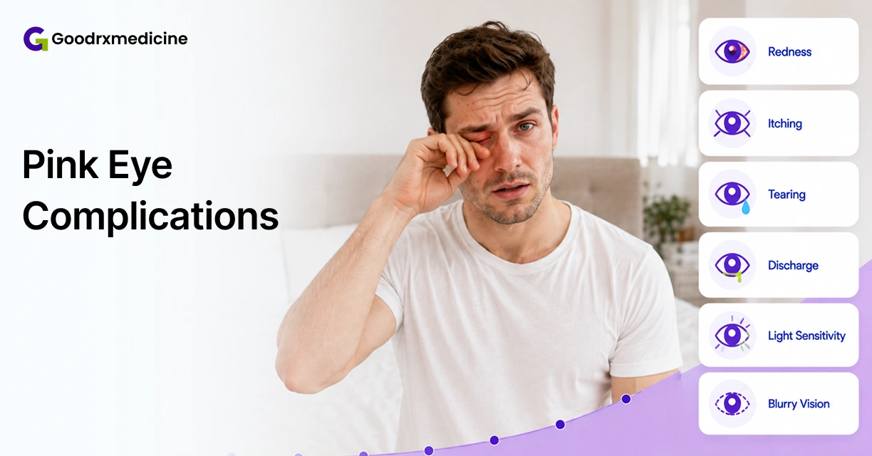 Man rubbing irritated red eye with pink eye medicine side effects