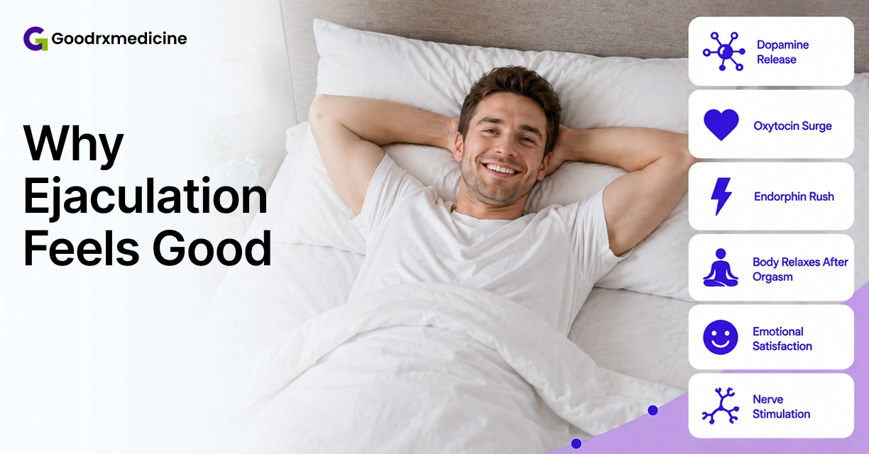 Smiling man relaxing in bed with reasons ejaculation feels good