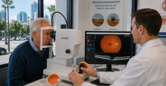 Eye doctor screening older man for age-related macular degeneration