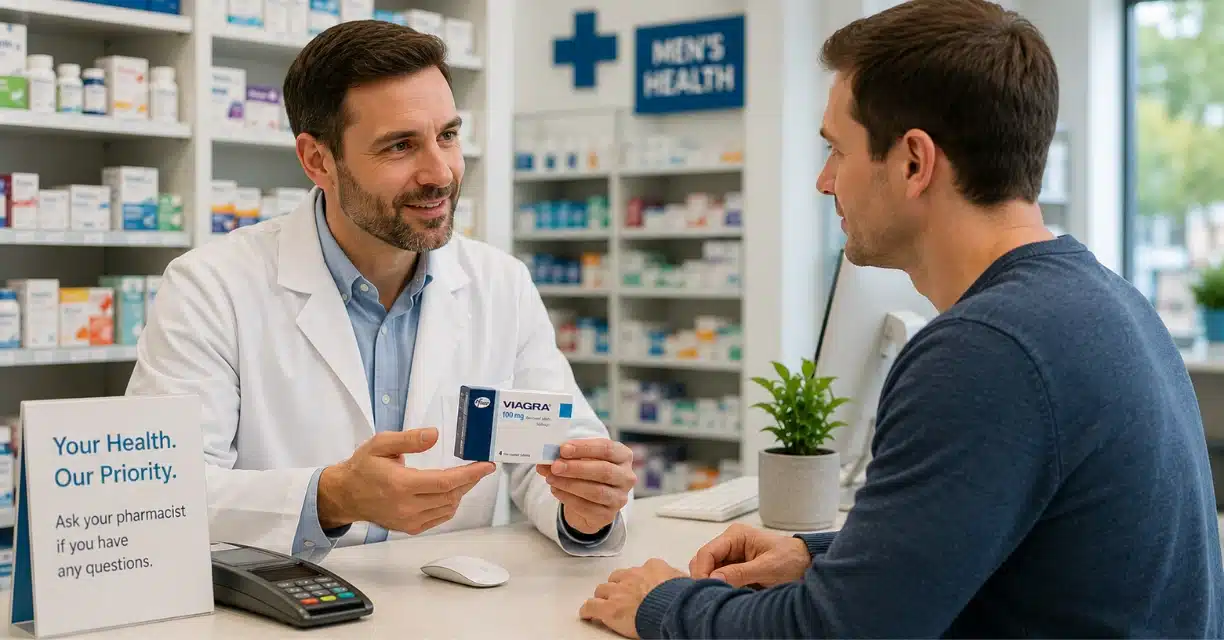 Pharmacist explaining safe Viagra purchase options to customer