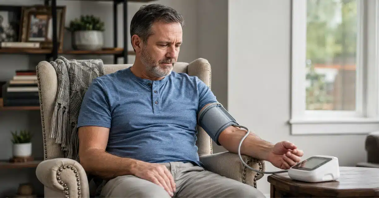 Man checking blood pressure while concerned about erectile dysfunction