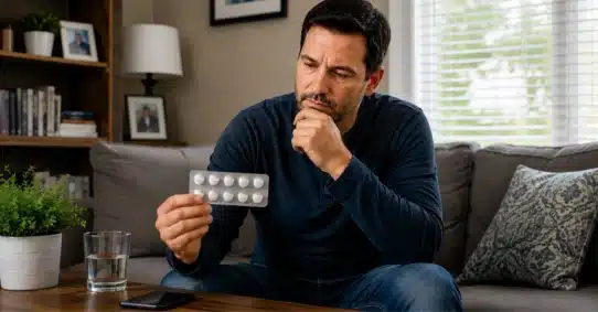 Man holding lisinopril tablets while concerned about erectile dysfunction