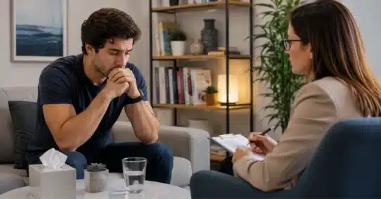 Worried man discussing psychological erectile dysfunction with female therapist