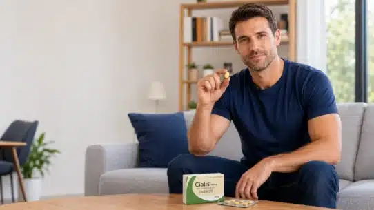 Man holding Cialis tablet