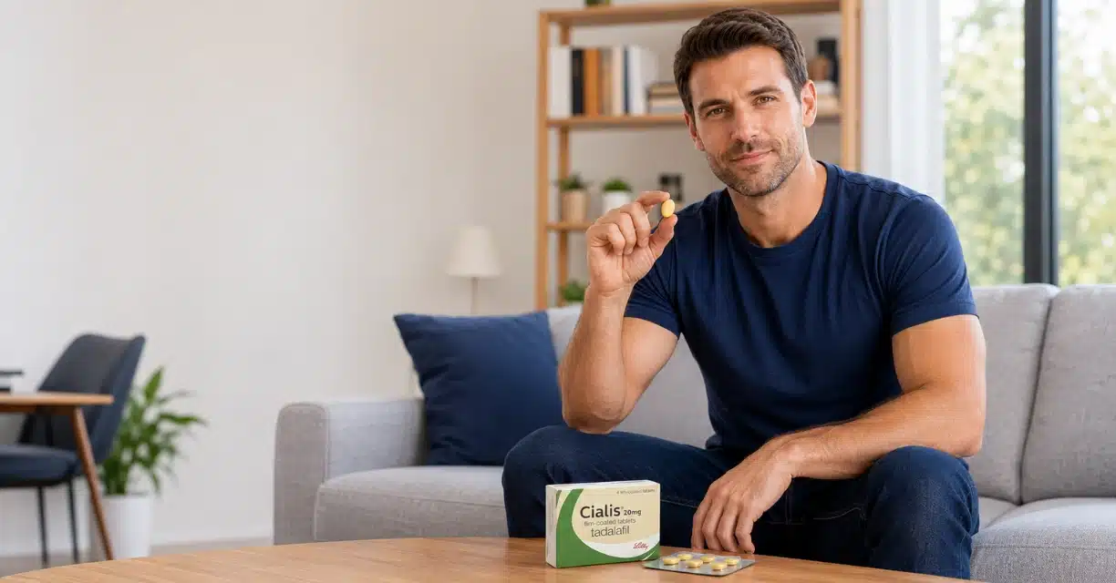 Man holding Cialis tablet