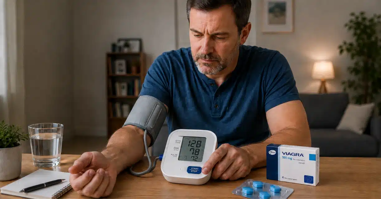 Man monitoring blood pressure beside Viagra tablets