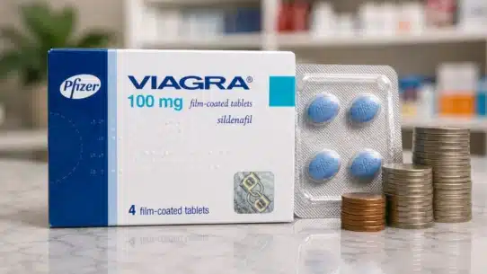 Viagra 100 mg box, tablets, and stacked coins for pricing context