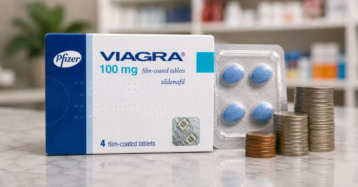Viagra 100 mg box, tablets, and stacked coins for pricing context