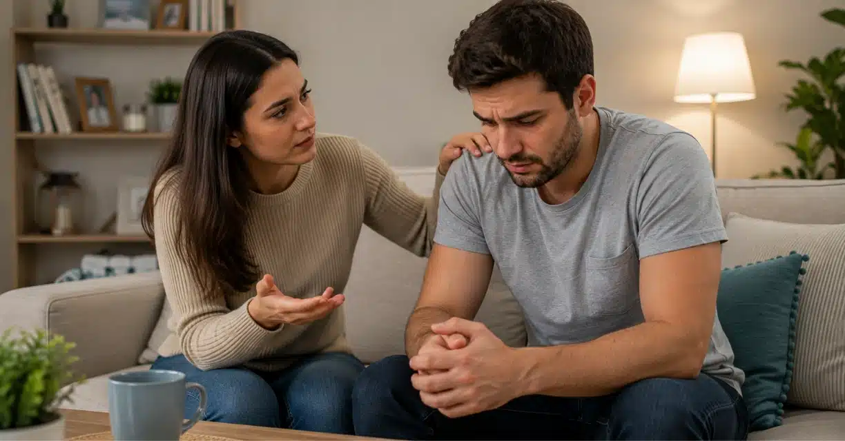 Woman comforting boyfriend experiencing erectile dysfunction concerns
