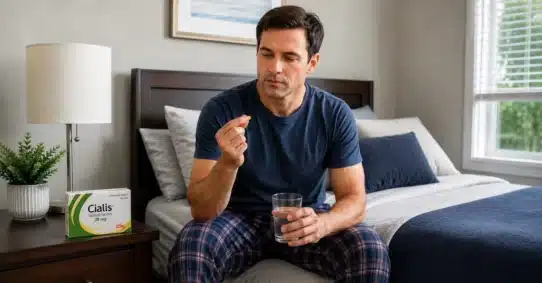 Man reviewing when to take Cialis with a glass of water