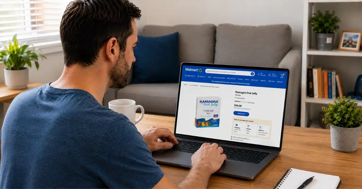 Man checking Walmart online for Kamagra Oral Jelly availability