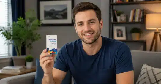 Man holding Kamagra Oral Jelly while learning safe and effective use