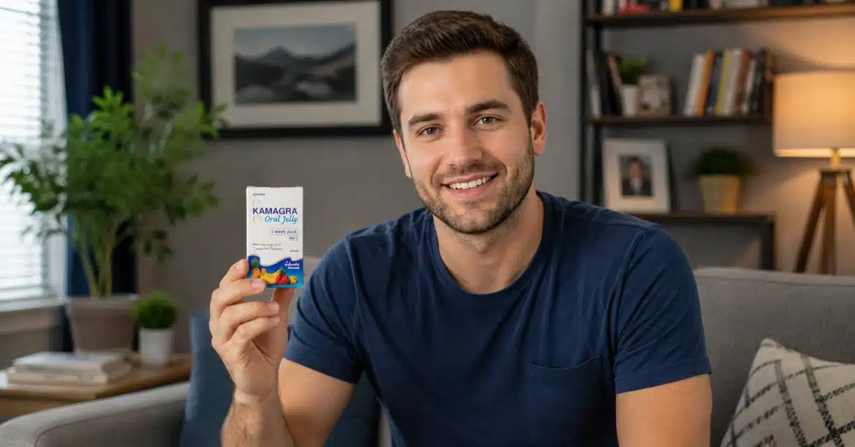 Man holding Kamagra Oral Jelly while learning safe and effective use