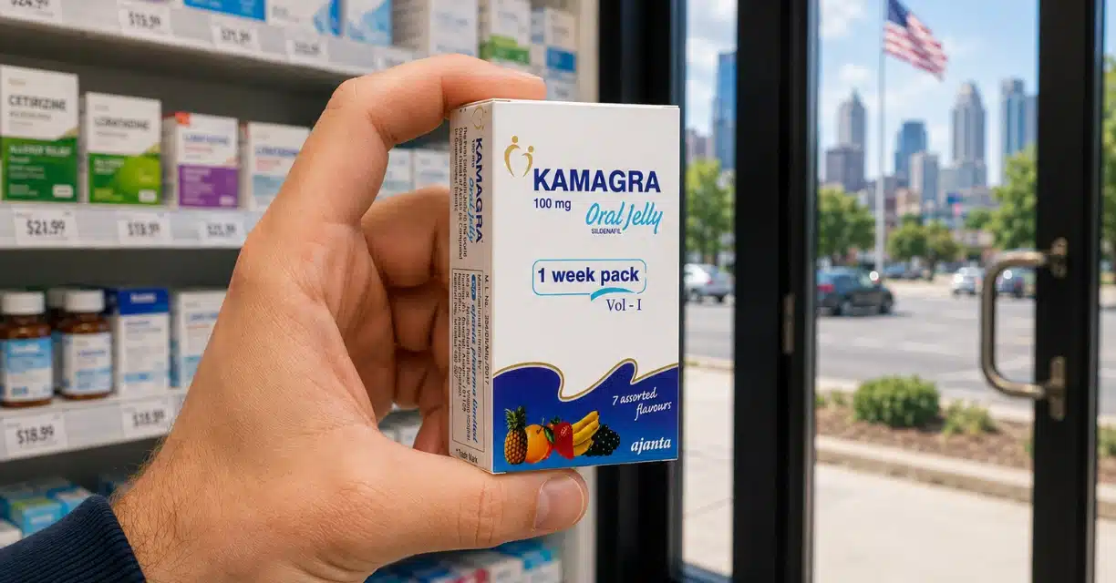 Hand holding Kamagra Oral Jelly pack with USA city background