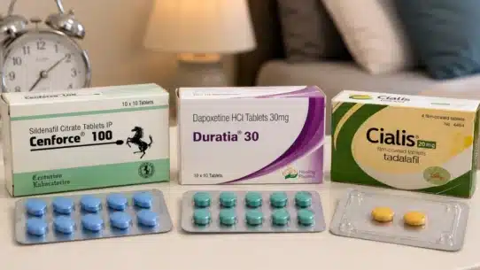 Cenforce 100, Duratia 30 and Cialis tablets displayed for PE treatment
