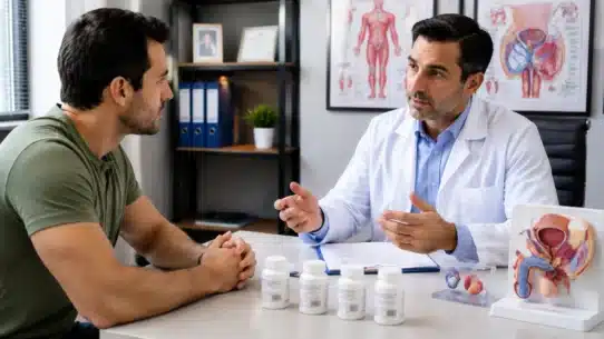 Doctor discussing premature ejaculation treatment options with a man in clinic