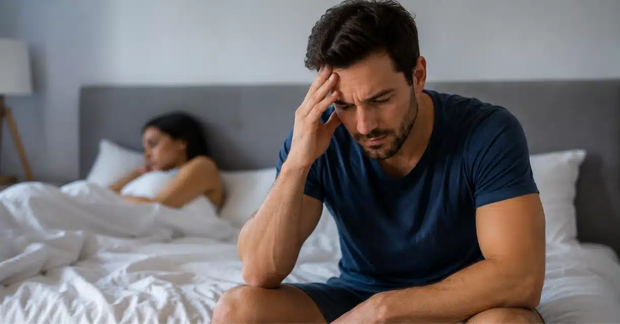 Distressed man sitting on bed with sudden erectile dysfunction