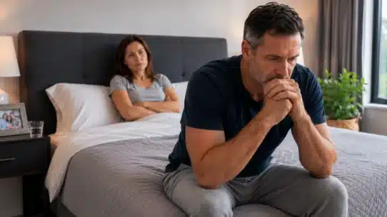 Distressed man with erectile dysfunction concerns beside his partner