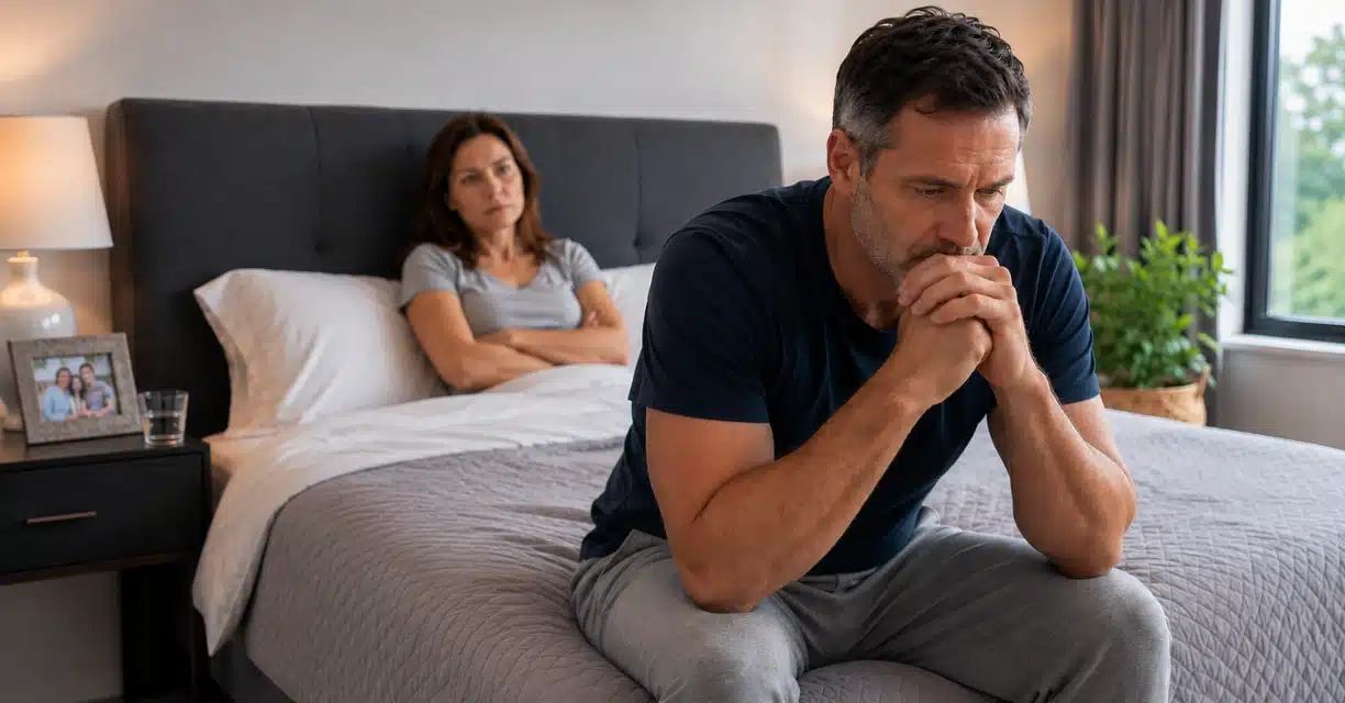 Distressed man with erectile dysfunction concerns beside his partner