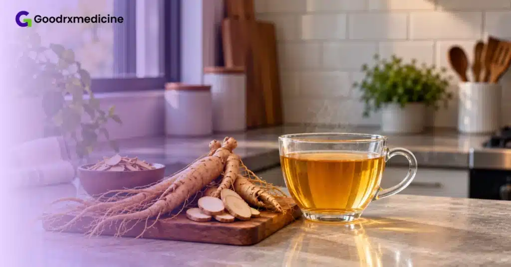 Ginseng roots and a cup of ginseng tea on a kitchen counter
