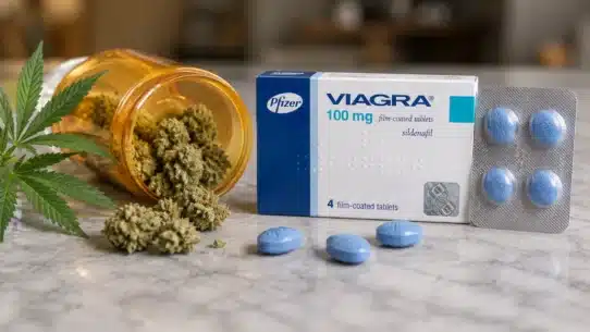 Viagra 100 mg with cannabis leaves and buds beside tablets