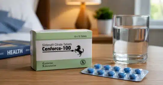 Cenforce 100 box and tablets displayed for product review