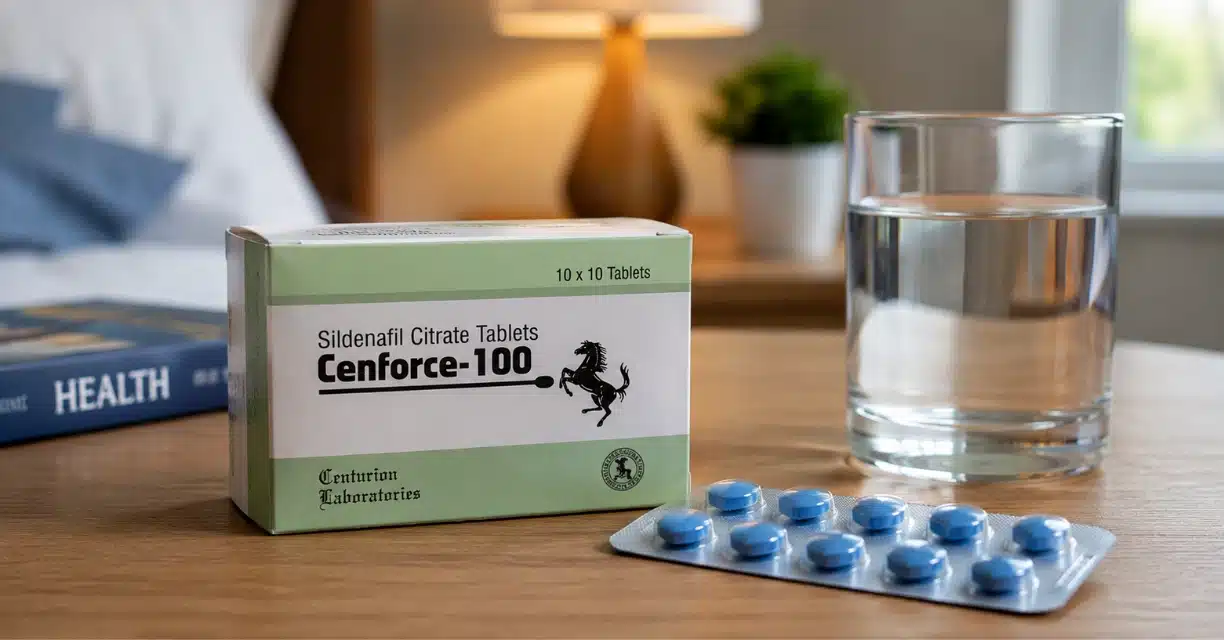 Cenforce 100 box and tablets displayed for product review