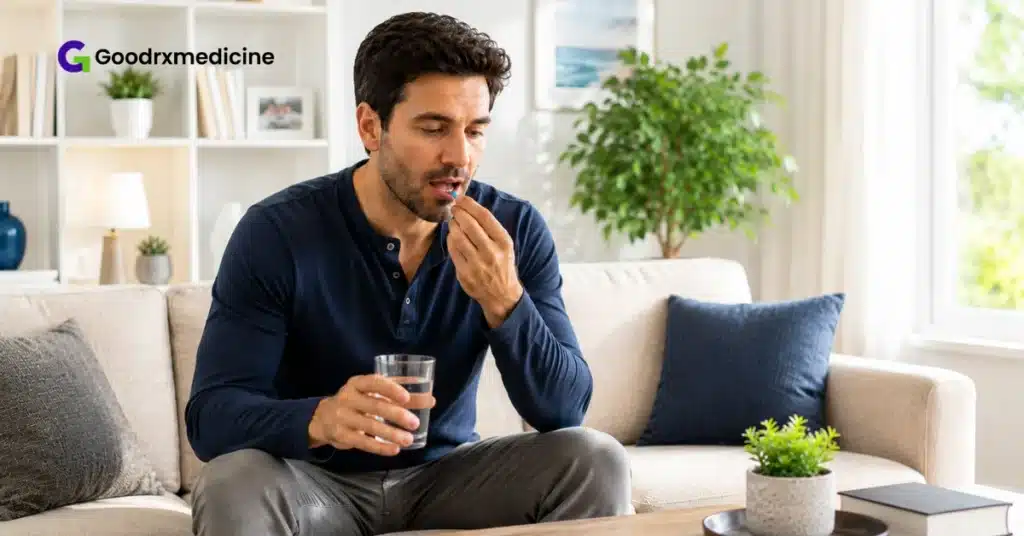 Man taking an erectile dysfunction pill with a glass of water
