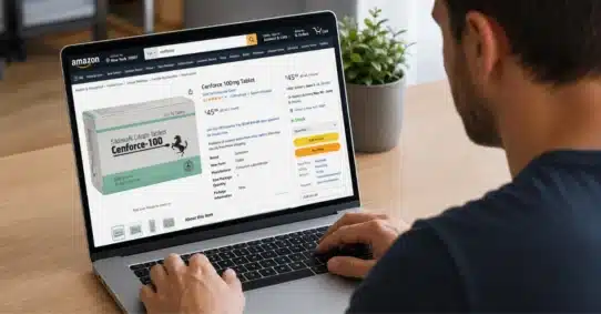 Man researching Cenforce online purchase risks on laptop