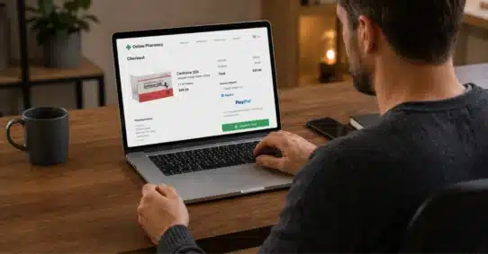 Man reviewing Cenforce payment options including PayPal online