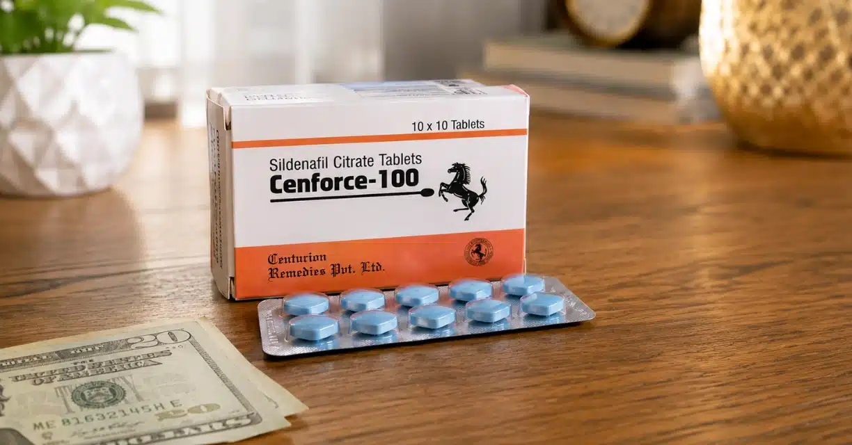 Cenforce 100 tablets displayed beside cash for price comparison