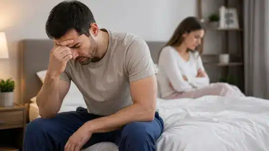 Stressed man with delayed ejaculation beside frustrated partner